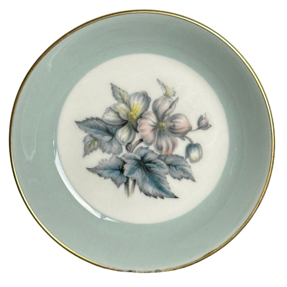 Vintage Royal Worcester England floral pin dish trinket ring dish celadon blue